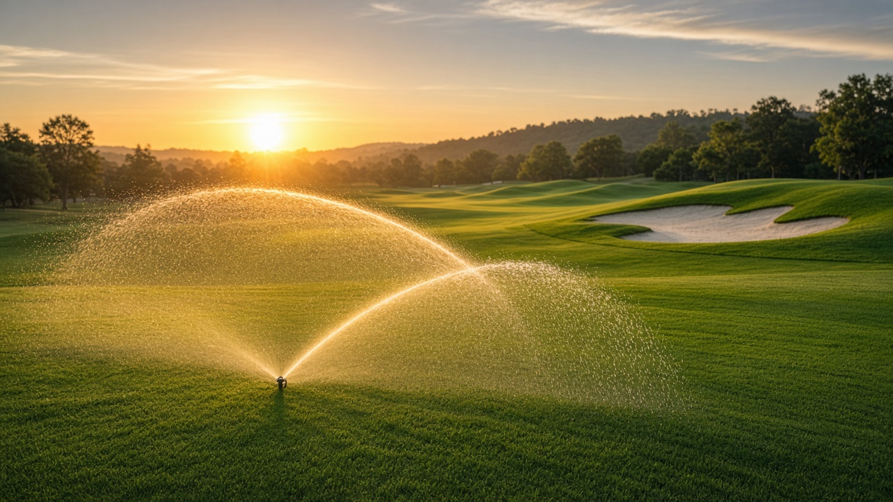Sprinkler throwing a golden arc of water across a fairway at sunset